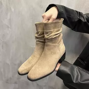 Женские сапоги AJGS из искусственной замши ручной работы с острым носком на высоком каблуке. Осенние и зимние ковбойские сапоги. Новые женские сапоги в стиле ретро в стиле вестерн. 35 хаки