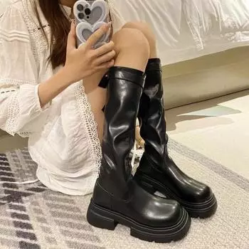 Женские сапоги, эластичные, длинные, толстые, на танкетке, туфли с квадратным носком, дизайнерские, роскошные, зимние, новые, сапоги для езды Zapatos 35