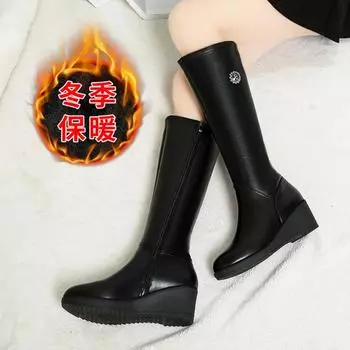 Женские сапоги, элегантная обувь на каблуке, зимние туфли до колена, длинные туфли для женщин, туфли на танкетке, водонепроницаемые сапоги со стразами 35 чёрный