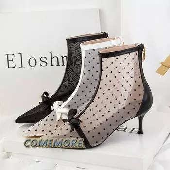 Женские сапоги, элегантные ботильоны, сексуальные, с острым носком, туфли в горошек, модные, сетчатые, дышащие, летние, повседневные, женские, в горошек, с бантом 34 белый