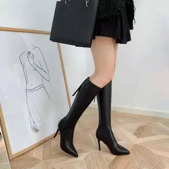 Женские сапоги, элегантные, на каблуке, длинная обувь, зимние, до колена, высокие каблуки, туфли для женщин, с острым носком, кисточками, шикарная мода 2024 года, горячая 34