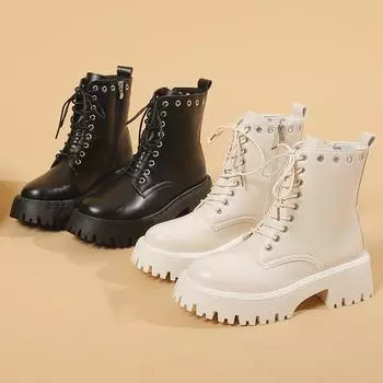 Женские сапоги больших размеров на толстой подошве с толстым каблуком и высоким каблуком, рабочие сапоги для мотоциклистов, модные повседневные женские сапоги из кожи 35-42 35 чёрный