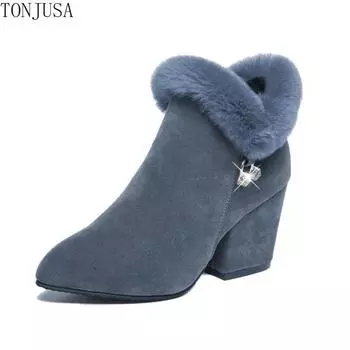 Женские сапоги больших размеров, теплые женские хлопковые сапоги, женские короткие сапоги с острым носком, модные плюшевые короткие сапоги 42 чёрный