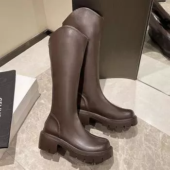 Женские сапоги-челси на высоком каблуке длиной до колена, зимние туфли на молнии 2024 года, дизайнерская классическая обувь на платформе из искусственной кожи, новые удобные женские ботинки 35 чёрный