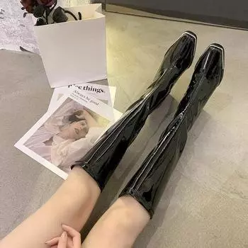 Женские сапоги, длинные, зимние, до колена, высокие, голенище, туфли для женщин, очень каблук, квадратный носок, платформа, тренд 2024, водонепроницаемый, Y2k, PU, новый 35
