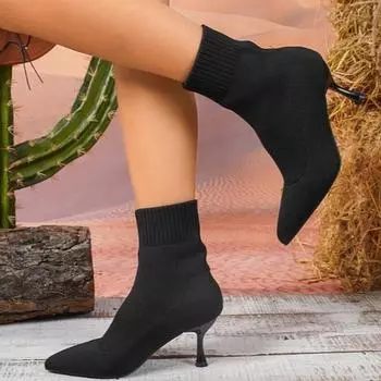 Женские сапоги для женщин Ботинки с острыми шпильками Ботильоны на высоком каблуке Женские узкие сапоги Трикотажные обтягивающие эластичные простые ботильоны Большие размеры 36-43 43 чёрный