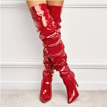Женские сапоги до бедра, высокие сапоги с острым носком, тонкие высокие каблуки, плиссированная женская модная обувь на молнии на молнии, зимняя обувь абрикосового красного цвета 42 35 миндальный