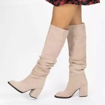 Женские сапоги до колен с острым носком на толстом каблуке