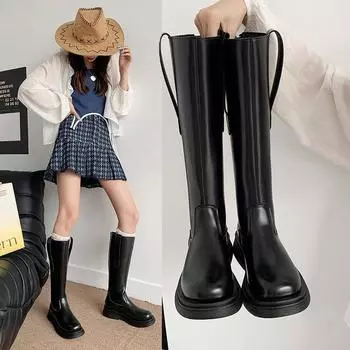 Женские сапоги до колена, ботинки на платформе 1, длинные сапоги на молнии, без застежек, женские сапоги 2024 года, осенняя женская обувь Botas Femininas 4 чёрный