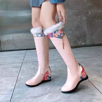 Женские сапоги до колена, длинные ботинки на молнии с круглым носком, увеличивающие высоту, на высоком каблуке, женская модная обувь, зимняя обувь 34 чёрный