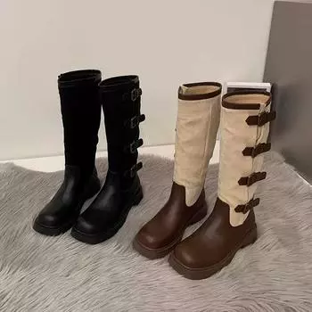 Женские сапоги до колена для верховой езды Мотоциклетные ботинки без шнуровки Мотоциклетные ботинки с квадратным носком на массивном каблуке и широкими пряжками до икры Байкерские ботинки Высокие длинные ботинки в стиле вестерн для женщин 35 чёрный