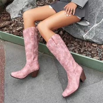 Женские сапоги до колена Gogo, ковбойские сапоги на толстом высоком каблуке с квадратным носком, ковбойские сапоги в западном стиле с вышивкой, женская обувь, зимняя обувь 43 35 коричневый