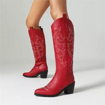 Женские сапоги до колена Gogo, сапоги в стиле ковбой с круглым носком на толстом высоком каблуке и вышивкой, женская модная обувь, зимняя обувь 43 35 чёрный