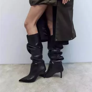 Женские сапоги до колена из искусственной кожи с острым носком, плиссированные длинные ботинки на тонком высоком каблуке, лаконичная женская модная обувь, зимняя черная обувь 43 34 чёрный