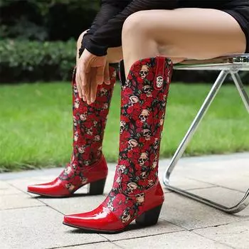 Женские сапоги до колена из лакированной кожи, сапоги до колена с квадратным носком, толстые высокие каблуки, сапоги в стиле вестерн, женская модная обувь, зимняя обувь 46 35 чёрный