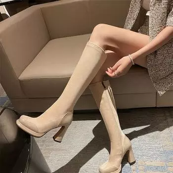 Женские сапоги до колена из натуральной кожи, ботинки Gogo на толстом высоком каблуке с круглым носком и застежкой-молнией, женская модная обувь, зимняя обувь 43 34 миндальный