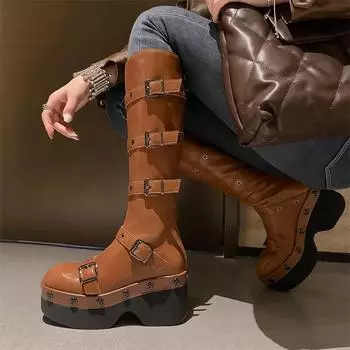 Женские сапоги до колена из натуральной кожи, сапоги Gogo на толстом высоком каблуке с круглым носком и пряжкой на молнии, женская обувь в стиле панк, зимняя обувь 34 тёмно-рыжий