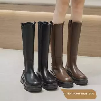 Женские сапоги до колена из натуральной кожи: Модные узкие туфли на толстой подошве осень/зима 2023 года. 35; single lining чёрный