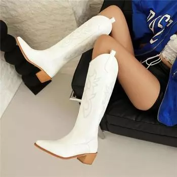 Женские сапоги до колена, ковбойские сапоги в стиле вестерн с острым носком на толстом среднем каблуке и вышивкой, женская модная обувь, зимняя обувь 43 34 чёрный