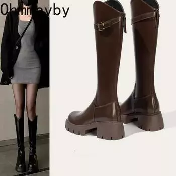 Женские сапоги до колена, модные длинные сапоги рыцаря на квадратном каблуке, осенне-зимние теплые короткие плюшевые туфли 35 коричневый
