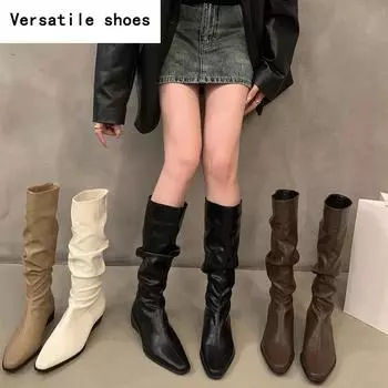 Женские сапоги до колена, модные, слипоны, длинные, с плиссировкой, на квадратном каблуке, осенне-зимняя обувь 35