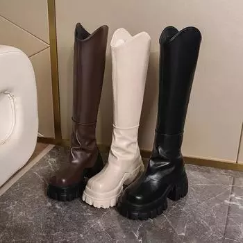 Женские сапоги до колена на платформе с молнией сзади, модные осенне-зимние туфли на толстом каблуке, нескользящие, женские длинные сапоги в стиле рыцаря 35