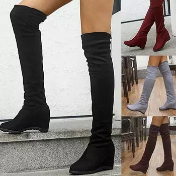 Женские сапоги до колена на шнуровке, туфли на плоской подошве с круглым носком, повседневные длинные ботильоны без каблука 36 чёрный