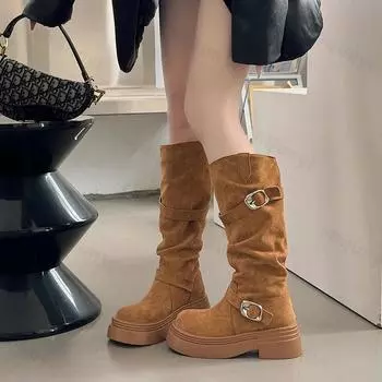 Женские сапоги до колена на танкетке и платформе, новые модные длинные сапоги с пряжкой на ремне, осенне-зимние ковбойские сапоги в стиле вестерн 35