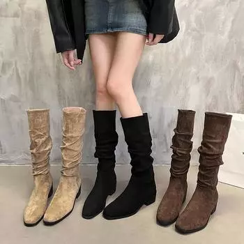 Женские сапоги до колена, осенне-зимняя женская обувь, модные слипоны, складки, низкий каблук, круглый носок, плоские длинные сапоги 35 хаки
