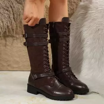 Женские сапоги до колена, осенние женские туфли, шнуровка, винтажная искусственная кожа, сексуальные ковбойские ботинки с пряжкой на ремне, женские длинные рыцарские сапоги в стиле ретро 35 кофейный