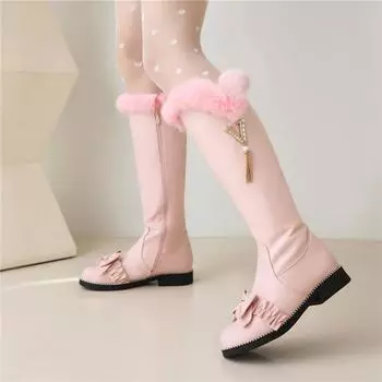 Женские сапоги до колена с круглым носком на плоской подошве с заклепками и молнией и бантом, высокие сапоги с металлическими украшениями, женская модная обувь, зимняя розовая обувь 43 33 чёрный