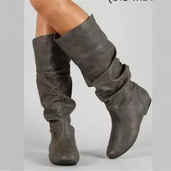 Женские сапоги до колена, с круглым носком на плоской подошве, плиссированные высокие сапоги, женская модная повседневная обувь, осень-зима, черный, коричневый, хаки, 46 34 чёрный