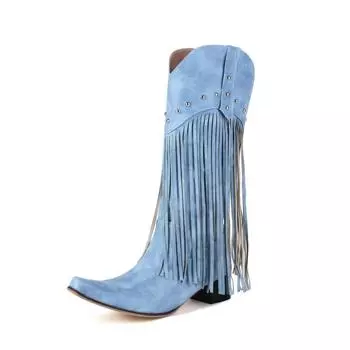 Женские сапоги до колена с квадратным носком, на толстом среднем каблуке с заклепками и кисточками, длинные ботинки в стиле вестерн, женская модная обувь, осень-зима, синий цвет 34 бежевый