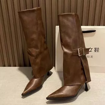 Женские сапоги до колена с острым носком, брендовые туфли 2024 года, модные туфли-лодочки для вечеринок в готическом стиле, кожаные туфли, модные туфли-лодочки Chelsea Botas Mujer 35 коричневый