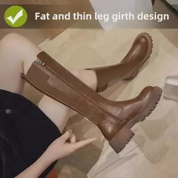 «Женские сапоги до колена с V-образным вырезом 2025 года: Осень/Зима, Толстая Подошва, Плюс Бархат, Большая Ширина Икры Size 38