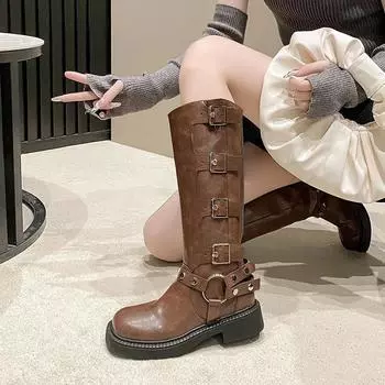Женские сапоги до колена, сапоги с металлической пряжкой, длинные сапоги в стиле панк-готика для женщин, ковбойские сапоги в стиле вестерн, кожаные мотоциклетные сапоги, кавалерийские ботинки 35