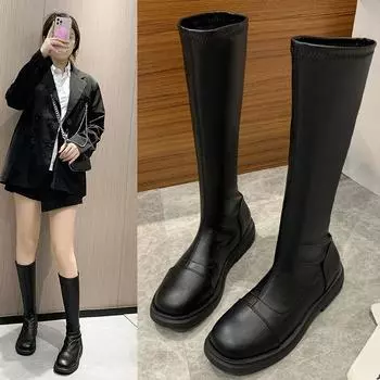 Женские сапоги до колена, теплые ботинки из коровьей кожи, мотоциклетные ботинки на толстом высоком каблуке, обувь в стиле панк, женские высокие сапоги 35 чёрный
