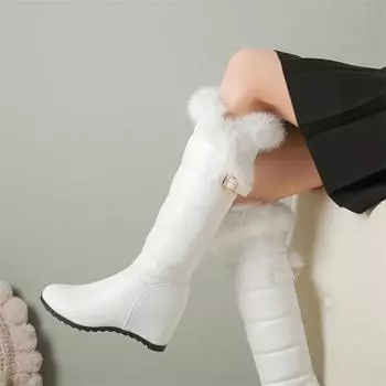 Женские сапоги до колена, теплые высокие сапоги на среднем каблуке с круглым носком и пряжкой, женская модная обувь, зимняя черная обувь 43 34 чёрный