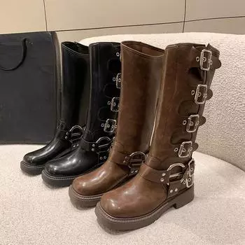 Женские сапоги до колена Vanitee, женские мотоциклетные ботинки до середины икры с квадратным носком и пряжками. Женские байкерские ботинки на низком массивном блочном каблуке. 35