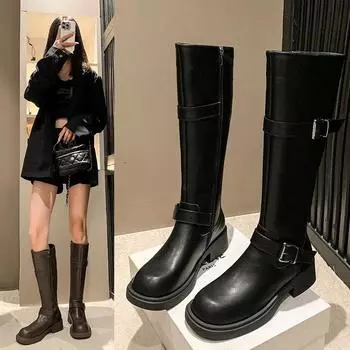 Женские сапоги до колена в британском стиле, модные туфли с пряжкой на ремне, осень-зима, женские длинные сапоги в рыцарском стиле на толстом каблуке 35