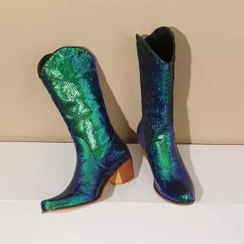 Женские сапоги до колена в металлическом цвете, длинные ботинки в стиле вестерн на толстом среднем каблуке с круглым носком и ковбойкой, женская модная обувь, зимняя розовая обувь 43 34 чёрный