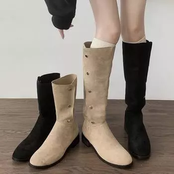 Женские сапоги до колена в стиле ретро, модные туфли без застежек на осень-зиму, на толстом каблуке, женские сапоги в стиле вестерн-ковбой 35