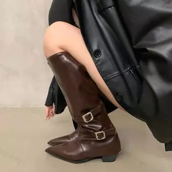 Женские сапоги до колена в стиле ретро, новые модные туфли с пряжкой на поясе, осенне-зимние женские нескользящие длинные сапоги на танкетке 35