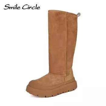 Женские сапоги до колена, зимние сапоги, замшевые, кожаные, с толстой подошвой, ботильоны, с боковой молнией, с круглым носком, теплая зимняя обувь 35 коричневый