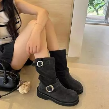 Женские сапоги до середины голени, байкерские сапоги с круглым носком, для езды на мотоцикле, женские сапоги на низком каблуке, ковбойские сапоги с пряжками, повседневные осенние сапоги без застежек 35 коричневый