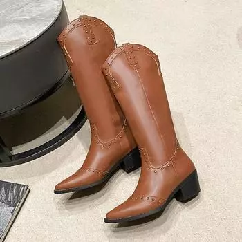 Женские сапоги до середины голени из искусственной кожи с заклепками, черные ковбойские ретро-ботинки для женщин, женские винтажные повседневные ботинки 35 чёрный