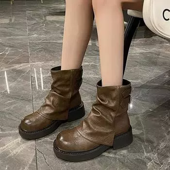 Женские сапоги до середины голени, классические однотонные, в британском стиле, на низком каблуке, мотоциклетные сапоги из искусственной кожи, плиссированные, дизайнерские Botas Femininas 35 чёрный