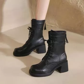 Женские сапоги до середины голени, модные, на шнуровке, на платформе, с толстым каблуком, в стиле ретро, осенне-зимняя женская обувь 35