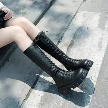 Женские сапоги до середины голени, мягкие туфли, высокие зимние кроссовки до колена, повседневные, в стиле панк, милитари, белые, черные, 2024, туфли на платформе, женские 35 чёрный