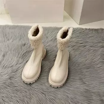 Женские сапоги до середины голени с круглым носком, новинка, горячая распродажа, зимняя короткая плюшевая женская обувь на квадратном каблуке, женские сапоги с застежкой-молнией 35 бежевый